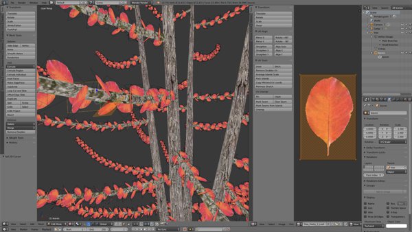Tree with red leaves and UV map editing - loaded from a Blender plug-in.