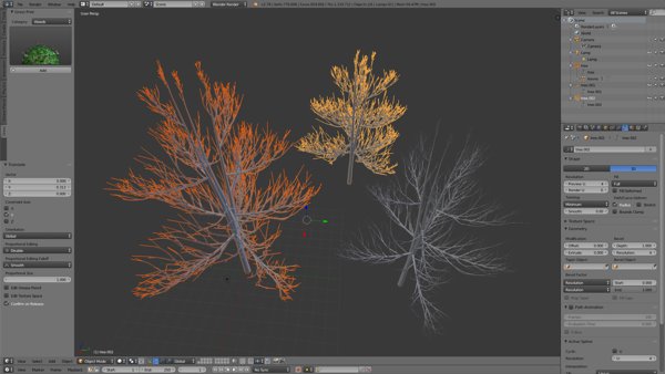 Trees with bare branches created in Blender.