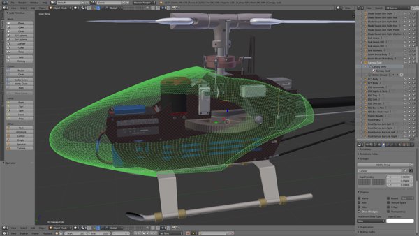 Blender's clipping plane combined with the wireframe setting - slices through the side of the helicopter.