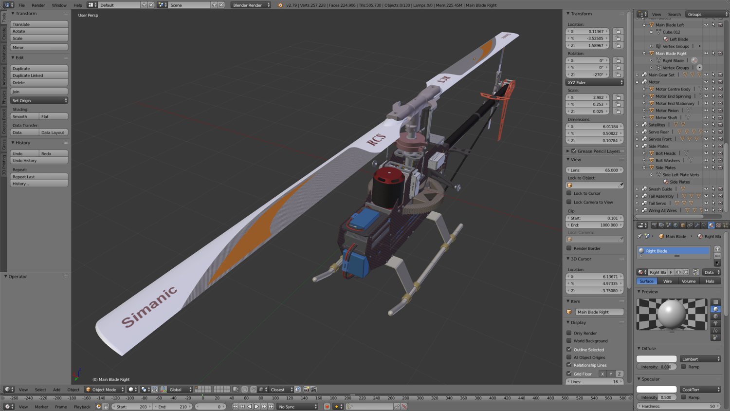 Screenshot of radio control helicopter via Blender's 2.79 user interface - Front side view with canopy off.