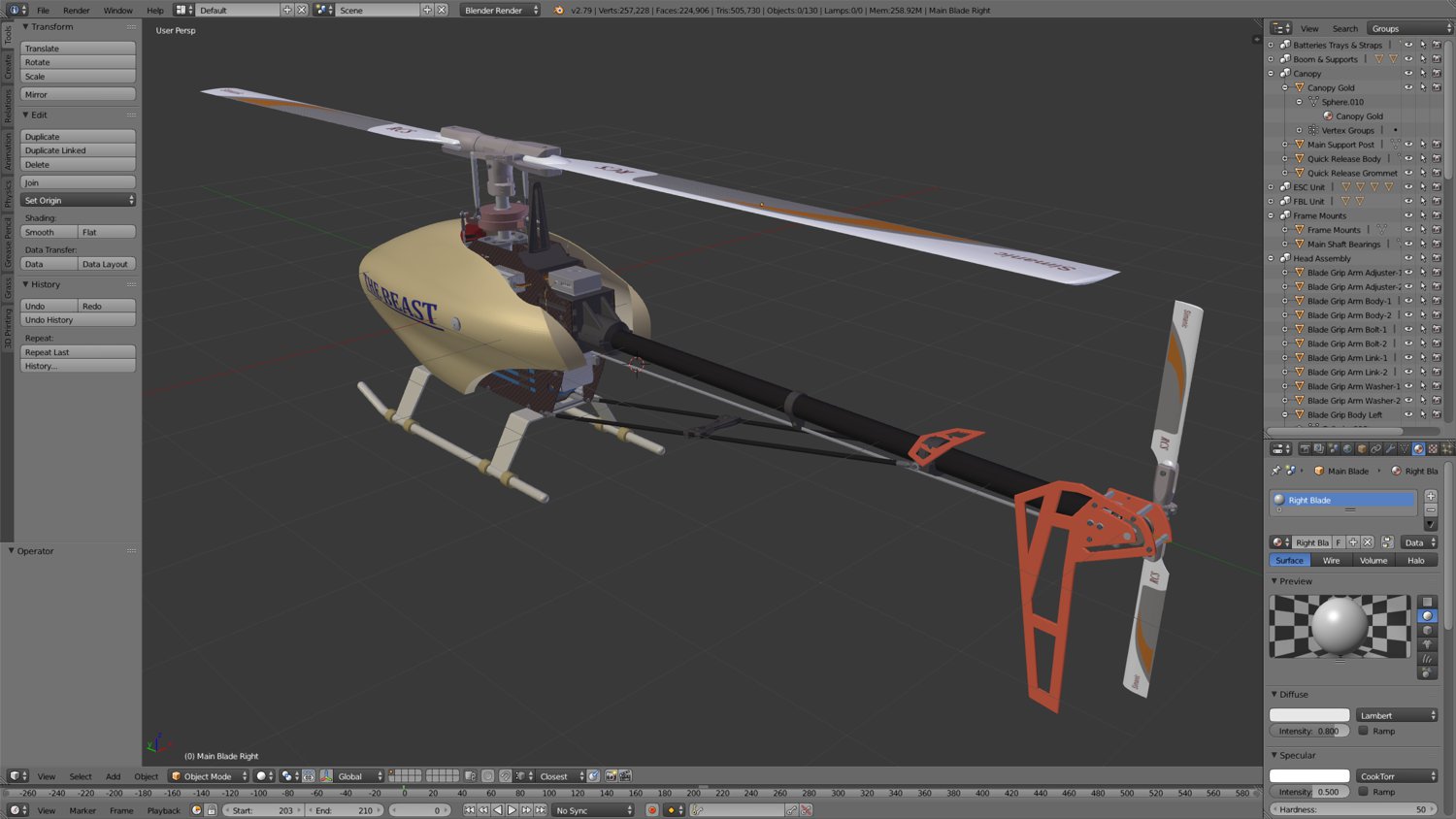 Screenshot of radio control helicopter via Blender's 2.79 user interface - Rear side view with canopy on.