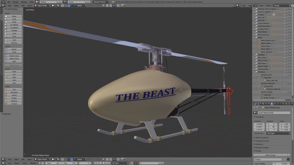 The Beast helicopter with its canopy on - Front view as modelled in Blender.