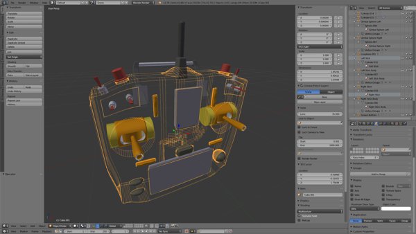 Transmitter modelled using Blender - Front wireframe view revealing the inner components.