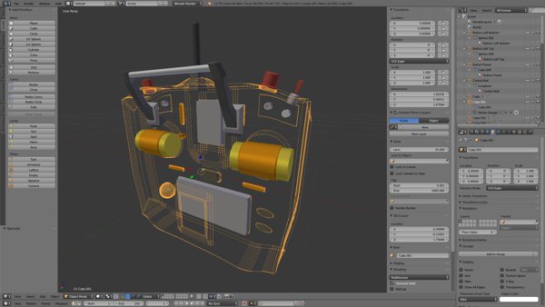 Transmitter modelled using Blender - Rear wire frame view revealing the inner components.